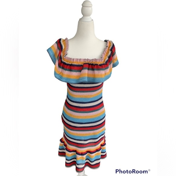 Parker Knit Striped Off The Shoulder Tassel Ruffle Hem Bodycon Stretch Dress 6 - Picture 1 of 10